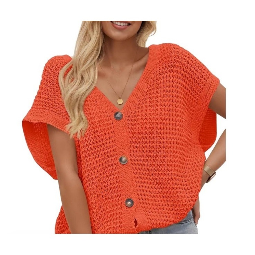 Fisoew Women's Open Knit Short Sleeve Sweater Vest Button Up Orange Sz XL